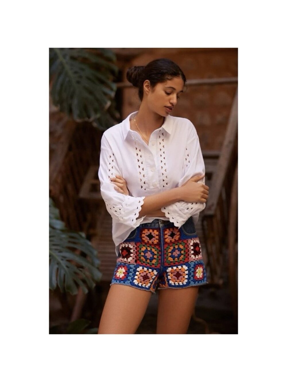 Farm Rio Ultra High-Rise Crochet Denim Shorts Colorful Granny-squares - Picture 3 of 7